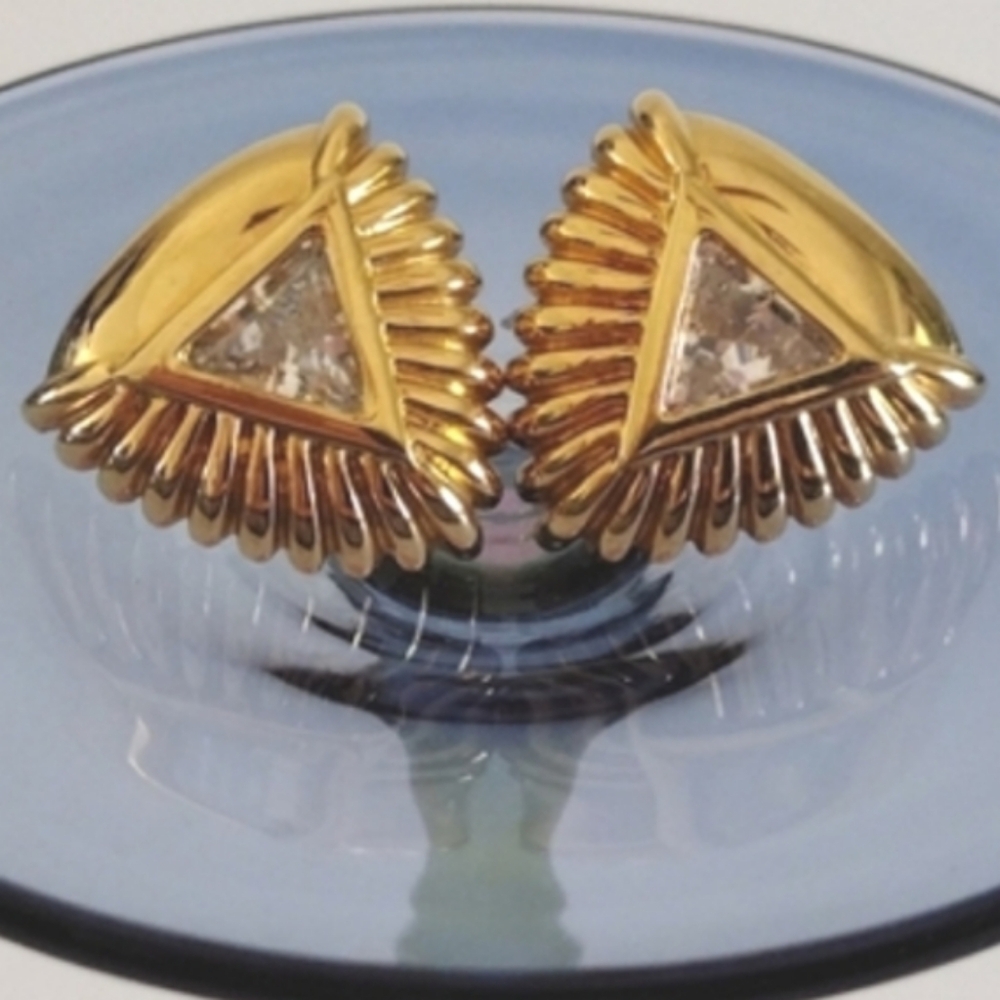 1989 FM Franklin Mint Gold-Tone CZ Triangular Earrings 14K Gold Posts
